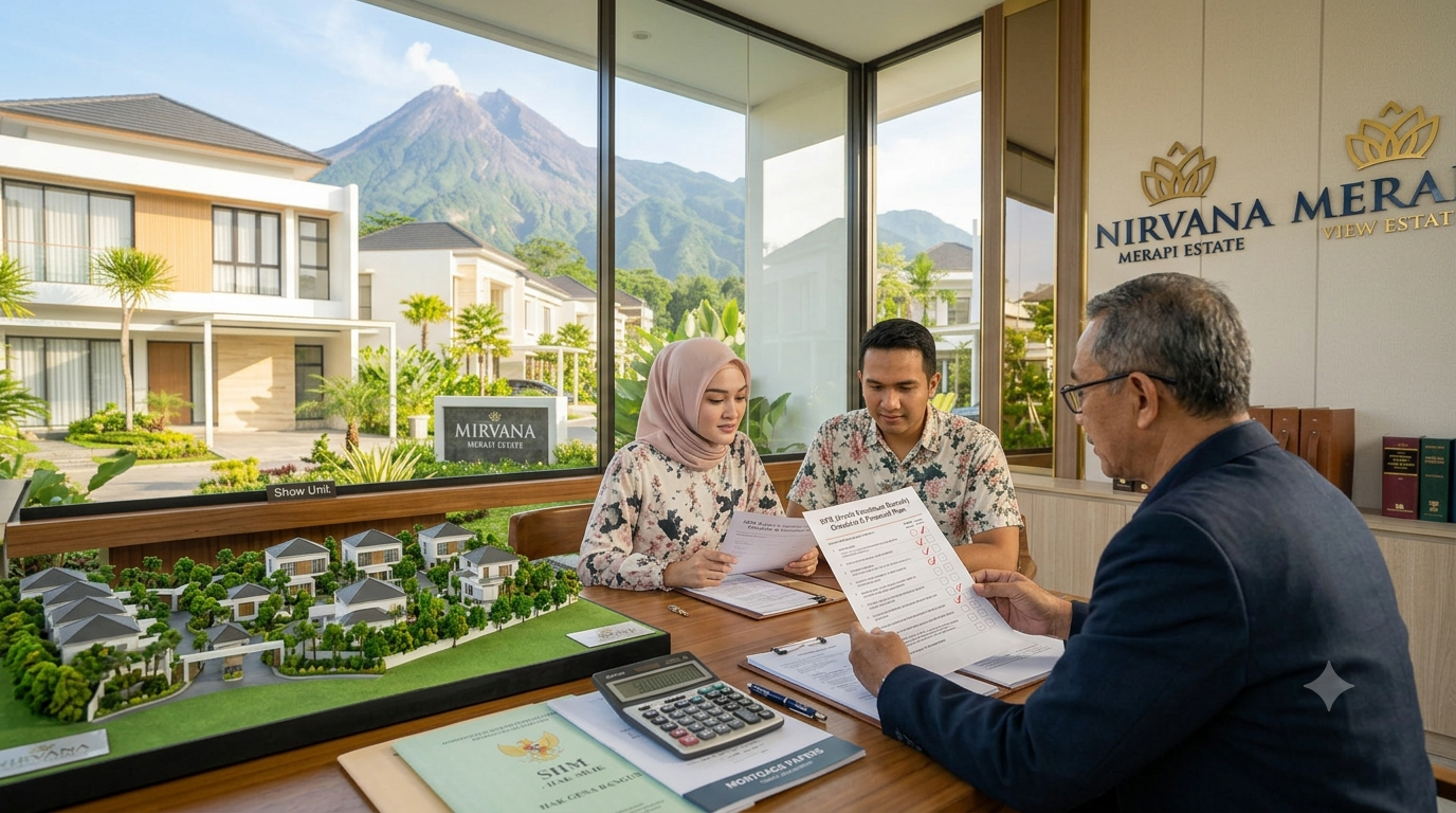 DP Rumah Pasangan muda memeriksa checklist penting sebelum membayar DP rumah bersama konsultan properti profesional di Yogyakarta.