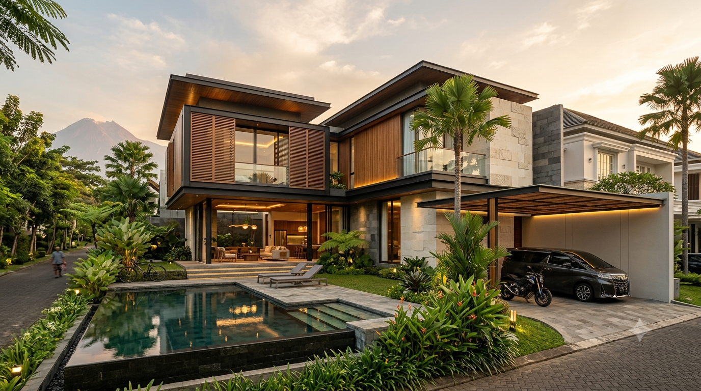 trend desain Rumah modern minimalis minimalis tropis 2026 dengan fasad elegan, jendela besar, material kayu dan batu alam, serta desain hemat energi yang sesuai untuk iklim Yogyakarta.